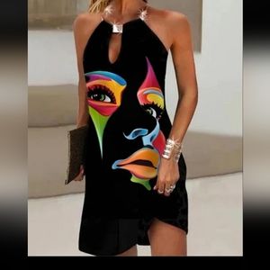 Abstract rainbow face casual keyhole halter mini dress